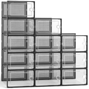 Kuject Large Shoe Organizers Storage Boxes for Closet, 12 Pack Clear Plastic Stackable Storage Bins with Lids, Under Bed Shoe Containers for Entryway, Drop Front, Fit up to Women's Size 10,Black
