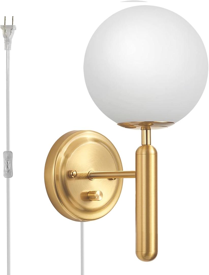 Gold Plug in Wall Sconce with Glass Globe Shade, Dimmable Bedside Wall Lamp with Plug in Cord, Luxury Corded Single Sconce with Dimmer Switch Wall Light for Bedroom Living Room (1 Pack)
