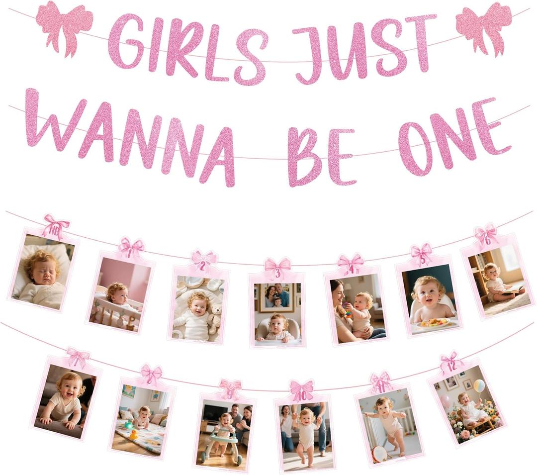Girls Just Wanna Be One Birthday Decorations, Pink Bow Theme 1st Birthday Photo Banner for Baby from Newborn to 12 Months Pictures, 1 Year Old Girls Monthly Milestones Garland