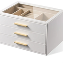 pickpiff Jewelry Box Organizer Case for Women: 3-Layer Jewelry Storage Case with Glass Window, Pure White Leather with Velvet Holder for Ring Necklace Bracelet Brooch Watch, Great Gift for Her