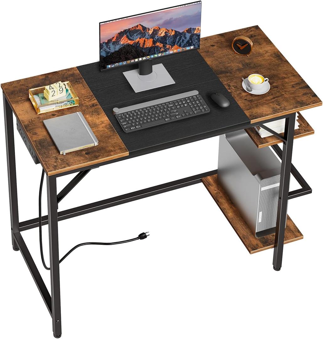 HOOBRO Computer Desk, Home Office Desk with Power Outlet, Writing Desk with 2 Shelves, Modern Small Desk for Home Office, Study, Easy to Assemble, Rustic Brown and Black BF43UDN01