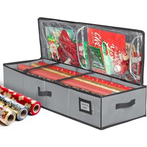 HOLDN’ STORAGE Premium Wrapping Paper Storage Container - Durable 600D Tear-Proof, Fits 27 Rolls Gift Wrap, Extra Pockets for Ribbons & Bows, Underbed Storage - Ideal for Holiday Christmas, Gray, 1 Count