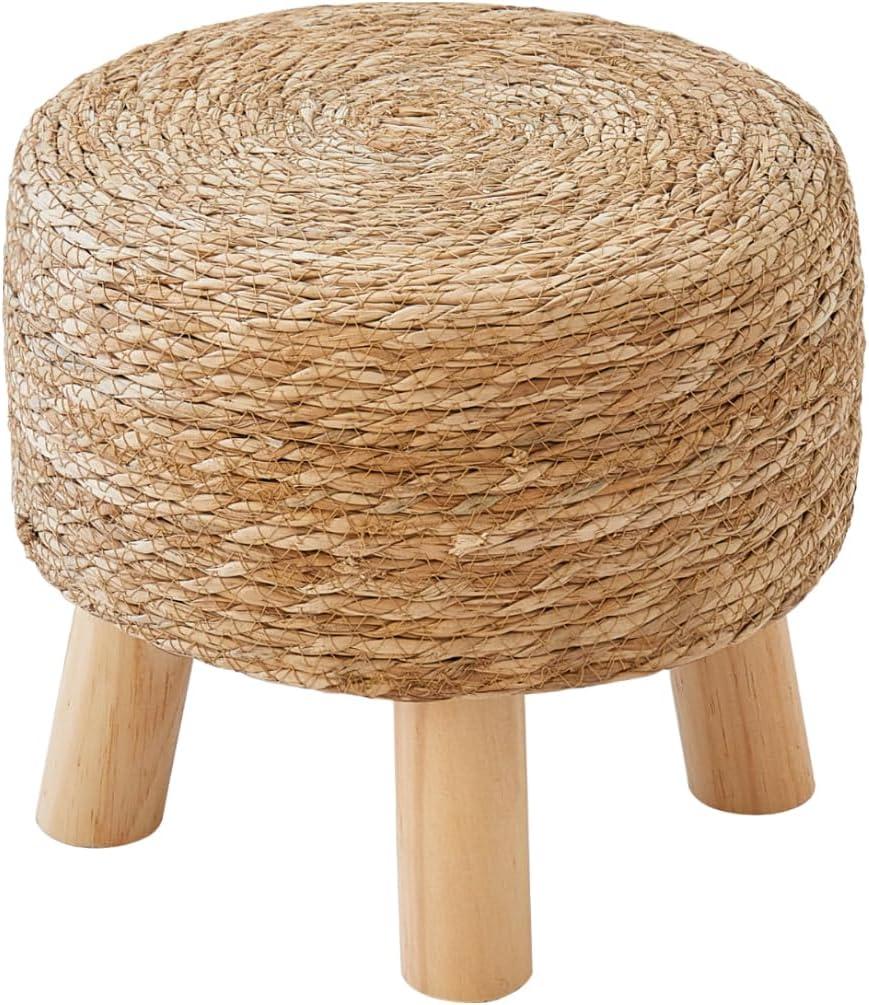 Round Ottoman Natural Seagrass Footstool, Round Footstool with 4 Wood Legs, Hand Woven Round Footstool Sofa Stool, Multifunctional Modern Dressing Stool, Sofa Side Table for Bedroom (Nature)