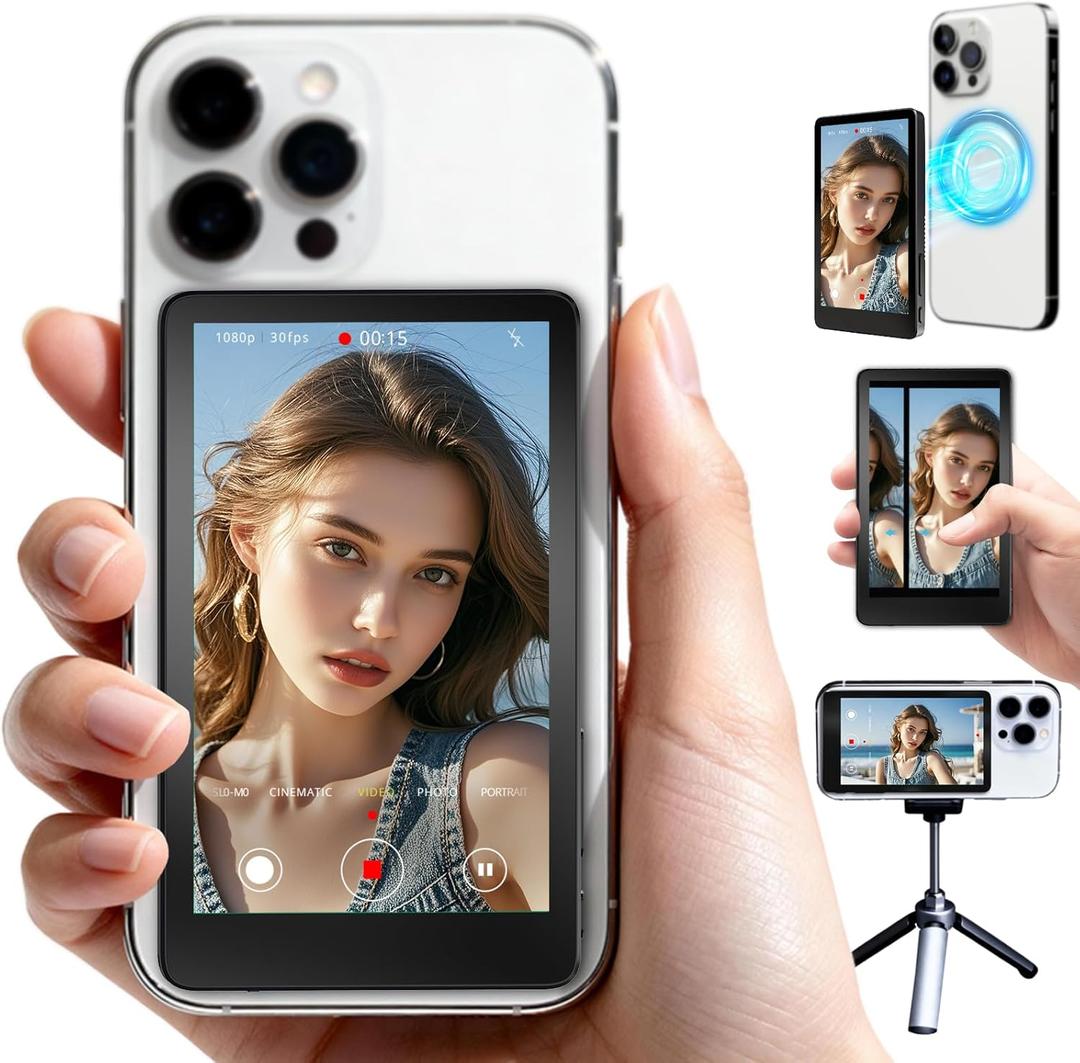 Vlog Selfie Monitor Screen for iPhone with Touch Screen, Reverse Control & Speaker, Magnetic 4K Back Camera Monitor, Phone Second Screen for Real-Time Vlogging, TikTok, YouTube, Live Stream & Reels