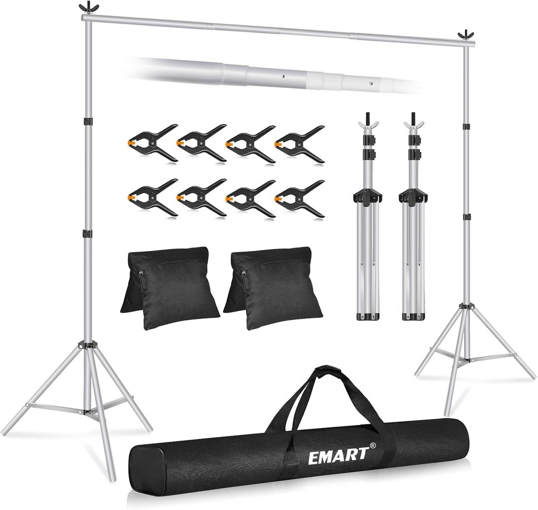 EMART Backdrop Stand 10x7ft(WxH) Photo Studio Adjustable Background Stand Support kit with 2 Crossbars, 8 Clamps, 2 Sandbags and Carry Bag for Parties, Events Decoration, Wedding, Photography -Silver (Sliver)
