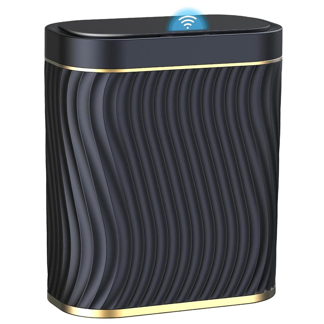 Bathroom Small Trash Can with Automatic Touchless Lid, 2.6 Gallon Smart Garbage Can Narrow Waterproof Trash Bin for Bedroom, Office, Living Room (Gold Black)