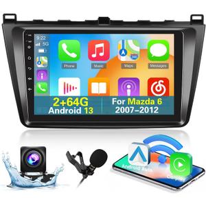 [2+64G] Android 13 Car Radio for Mazda 6 2007-2012 with Wireless Carplay and Android Auto - 9 Inch Touch Screen Car Stereo - Multiple UI Themes/GPS/WiFi/SWC + AHD Backup Camera