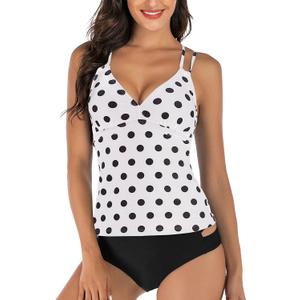 Tankini Swimsuits for Women Criss Cross Back V Neck Adjustable Straps Two Piece Bathing Suits with Bikini Bottom (Large, White Polka Dot)