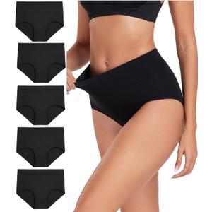 wirarpa Women's Cotton Underwear High Waist Stretch Briefs Soft Underpants Ladies Full Coverage Panties 5 Pack (Small, Dark Black)