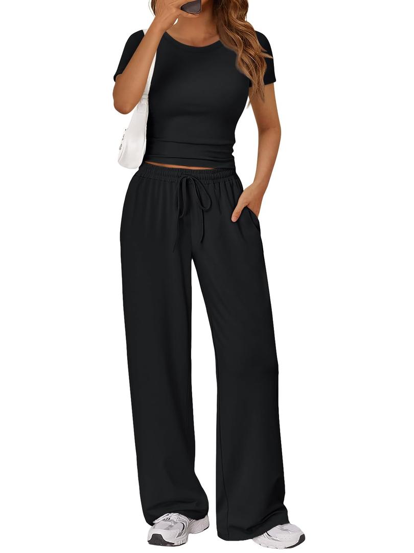 Trendy Queen 2 Piece Matching Summer Lounge Set Womens Side Ruching Top Wide Leg Pants Sets with Pockets S
