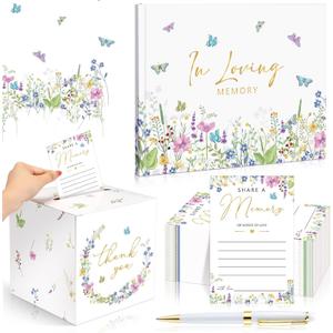 54 Pcs Funeral Guest Book for Memorial Service Celebration of Life Guest Book Hardcover in Loving Memory with 50 Memory Cards, Box, 2 Pens for Funeral Memorial Farewell Party Favor(Bright)