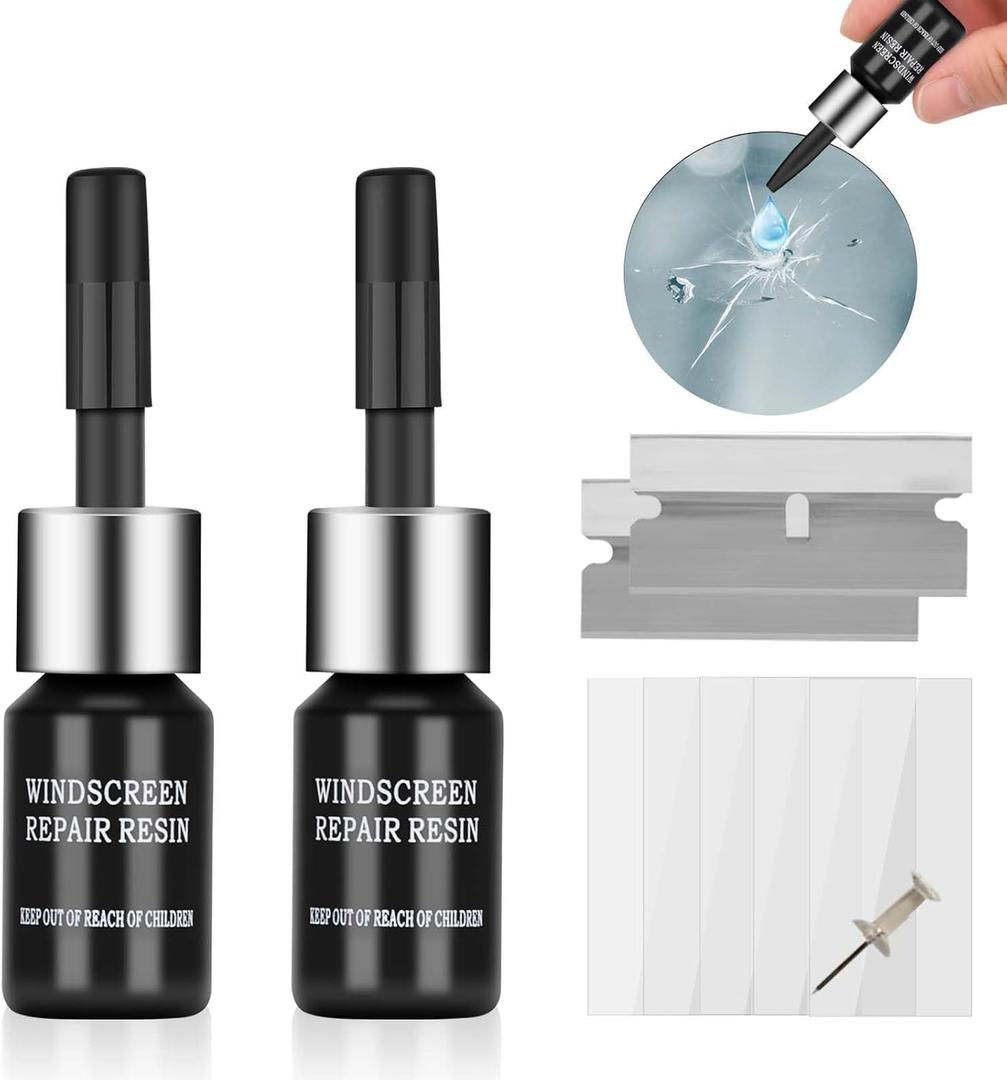 Cracked Windshield Repair Kit (2pcs) Car Windshield Crack Repair Kit for Chips Automotive Windscreen Tool for Fix Bullseyes Half-Moon Cracks Star-Shaped Damage Long Line Cracks