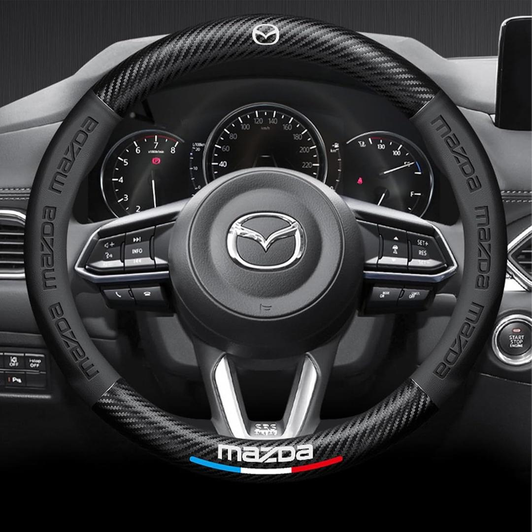 Compitable with Fit Mazda Steering Wheel Cover,Stylish Nappa Leather Carbon Fiber Texture Protector,Non-Slip,Universal 15inch Fit Mazda 3 6 CX30 CX50 CX5 Accessories (Old)