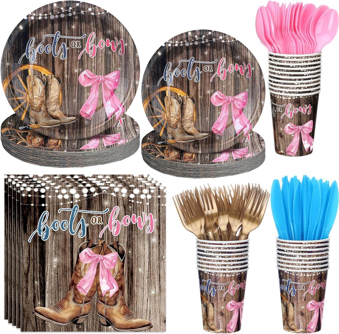 168 Pcs Boots Bows Gender Reveal Birthday Party Supplies Boy or Girl Birthday Party Decorations, Cowboy Boots Pink Bows for Baby Shower Decorations (Brown)