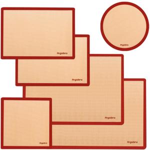 Silicone Baking Mats Set of 6, Food Grade Non-stick Reusable Baking Mat, Silicone Baking Slip Mat Oven Liner Sheet, Round & Square Cake Pan Mat, Pastry Board Rolling Dough Mats for Macaron Cookie (Brown)