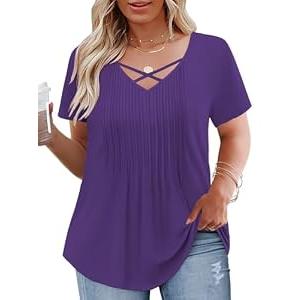 Women Plus Size Tops Trendy Short Sleeve T Shirts Summer V Neck Dressy Loose Fit Pleated Blouses XL Dark Purple