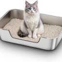 Stainless Steel Cat Litter Box with Low Entry, Large Metal Kitty Litter Box for Senior or Injured Cats, Odor-Free, Non-Stick, Easy to Clean, 23.4"x15.6"x5.9", for Multiple Cats (Silver)