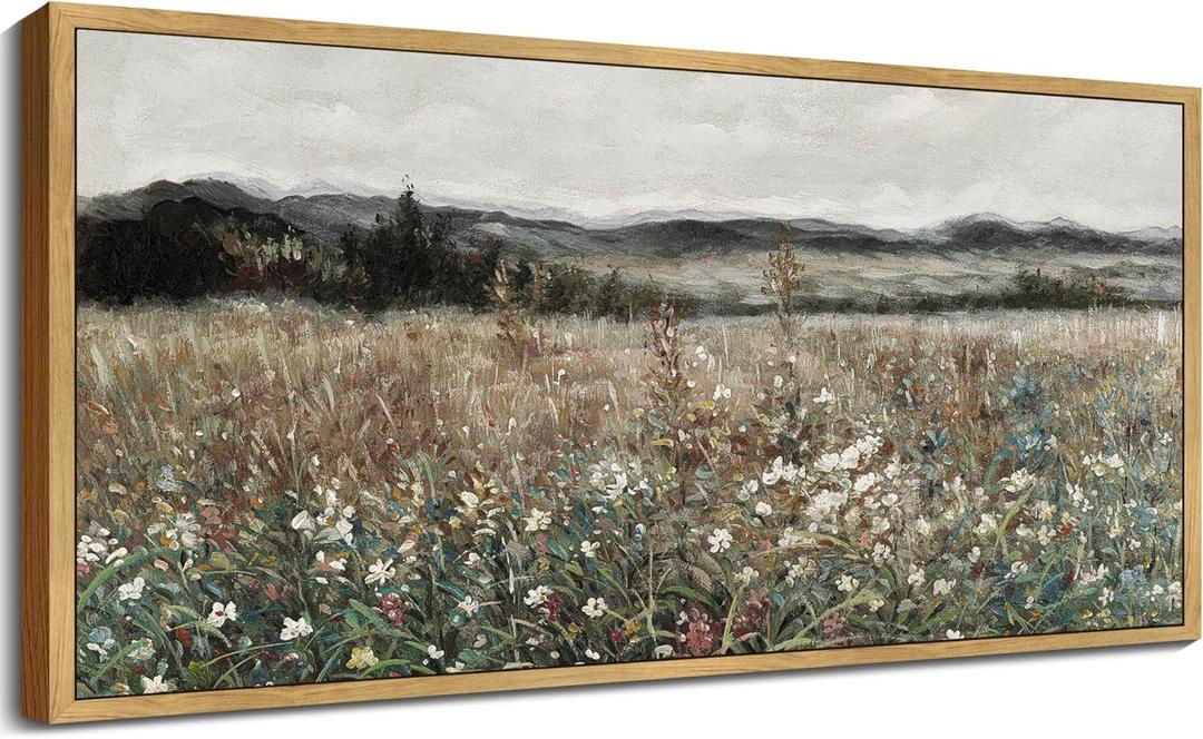 KUVIOKE Vintage Landscape Framed Wall Art 20x40in Large Meadow Sea of Flower Field Wall Prints Classic Retro Farmhouse Rustic Decorations for Living Room Bedroom (Natural Framed)