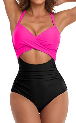 Eomenie Women's One Piece Swimsuits Tummy Control Cutout High Waisted Bathing Suit Wrap Tie Back 1 Piece Swimsuit Hot Pink Black M