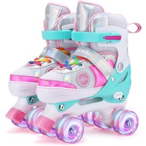 Kids Roller Skates for Girls Todders Kids Beginner, 4 Size Adjustable Roller Skates with Light Up Wheels for Indoor Outdoor Skating (Small(12J-2), Colorful Pink)