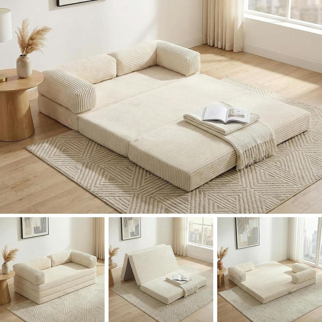 Convertible Sofa Bed Queen,5-in-1 Tri-Fold Boneless Couch with Removable Armrests & Handle,Corduroy Futon Sleeper Sofa,Floor Folding Mattress Pull Out Bed for Small Space Apartment Living Room Bedroom, Queen-81.5"L x 60"W