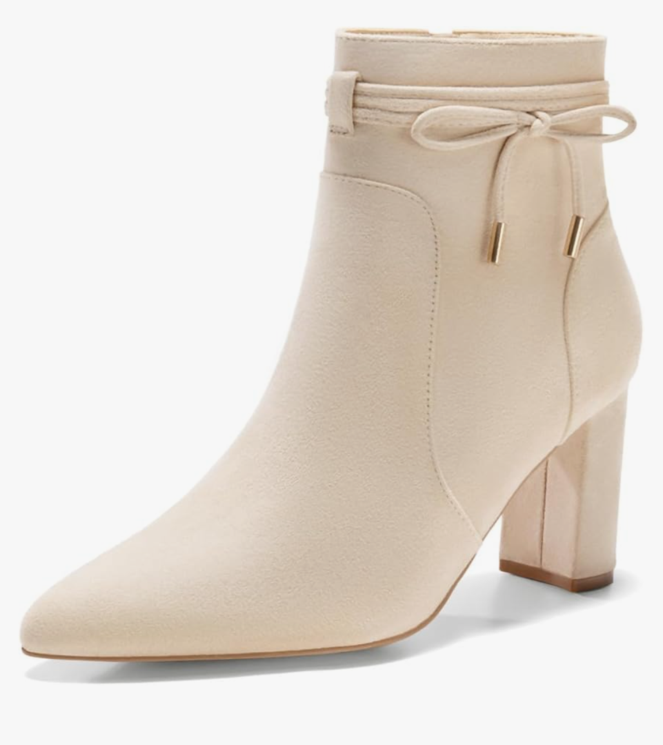 Coutgo Womens Pointed Toe Ankle Boots Chunky Block Heel Tie Knot Side Zipper Dressy Booties- Size 10