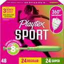 Playtex Sport Tampons Multipack (24ct Regular/24ct Super), Fragrance-Free - 48ct | Tampons Regular and Super, Playtex Tampon Multipack, Feminine Care with 360 Leak Defense