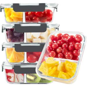 BAYZZ 5 Pack 35 Oz Glass Meal Prep Containers 2 Compartments, Glass Storage Containers with Lids, Airtight Lunch Bento Boxes, BPA-Free, Microwave and Freezer Safe (Gray)