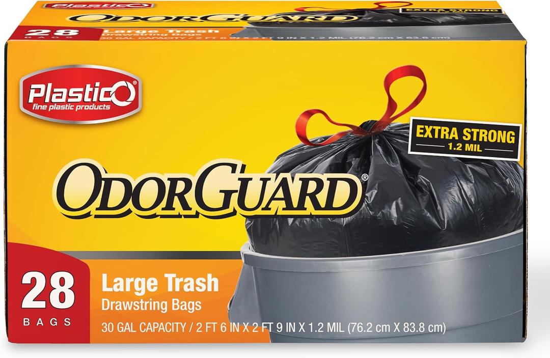 Plastico Large Trash Bags - 30 Gallon, Black, 28 Garbage Bags, Extra Strong, Easy Drawstrings - Odor Guard Control, Unscented, 1.2 Mil Thick Plastic
