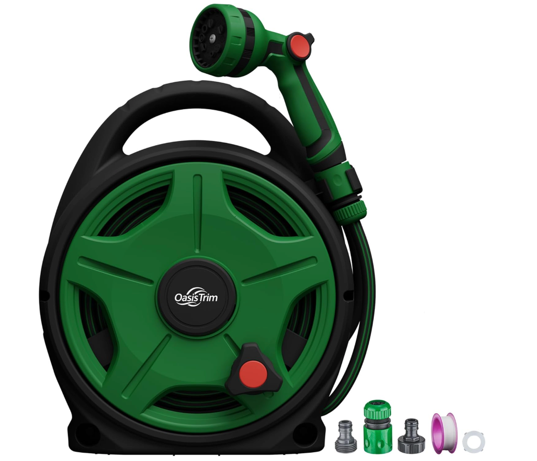 OasisTrim 1/2" x 50FT Retractable Garden Hose Reel，With 10 Patterns Spray Nozzle，Portable Heavy Duty Garden Hose Holder for Garden Watering，Car & Patio Washing，Pet Cleaning（Green）