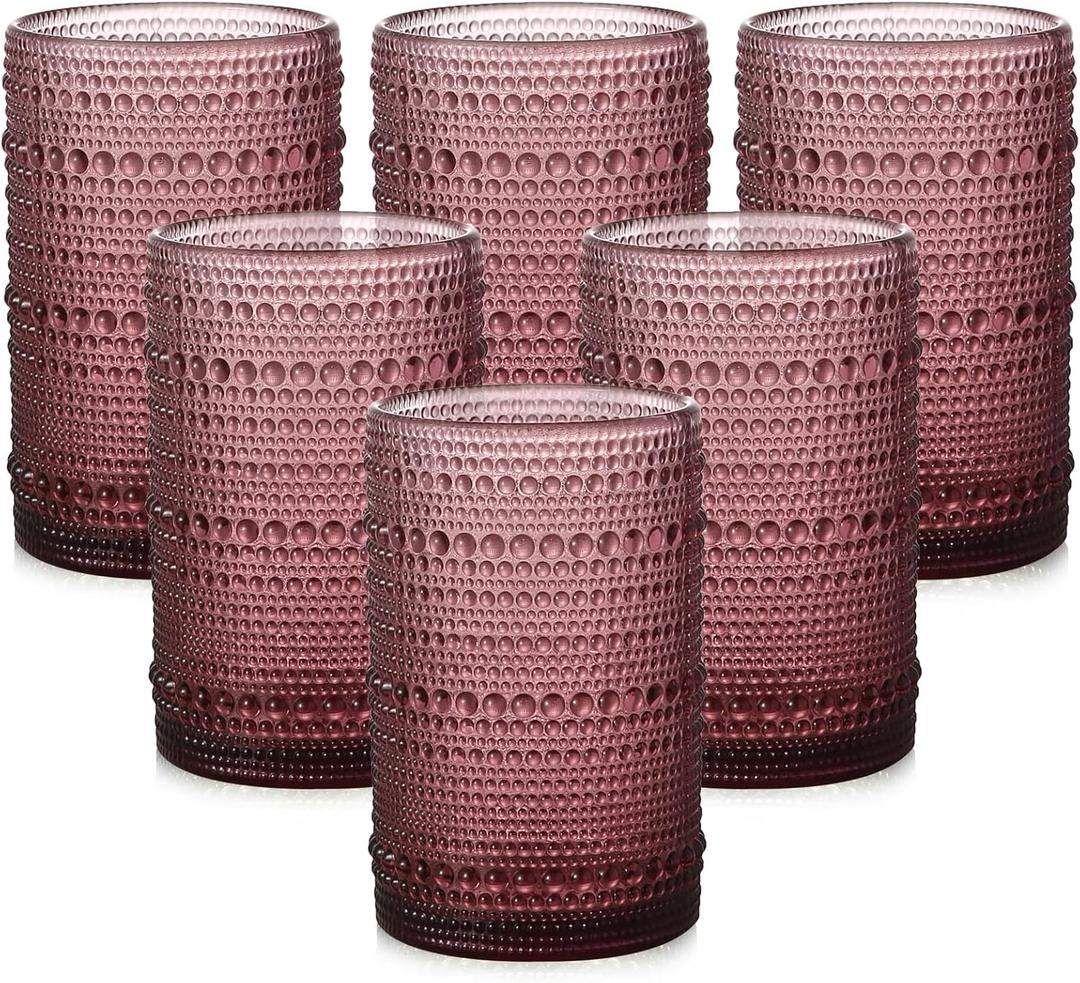 Vintage Glassware Drinking Glasses Set of 8,15 oz Hobnail Glass Cups,Embossed Purple Water Tumbler,for Beer,Cocktail,Whiskey,Juice and Various Mixed Drinks- 1 Cleaning Brush (15oz Purple)