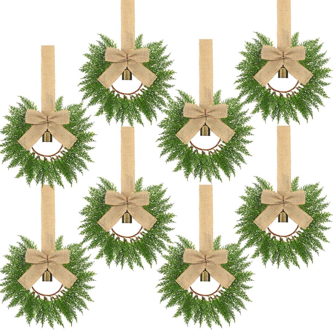 Dingion 8 Pcs 9.8" Small Christmas Cabinets Wreaths Mini Wreaths for Kitchen Window Chair Backs with Ribbon Bell Artificial Greenery for Farmhouse Holiday Decoration (Rough Linen,Retro,Linen Color)