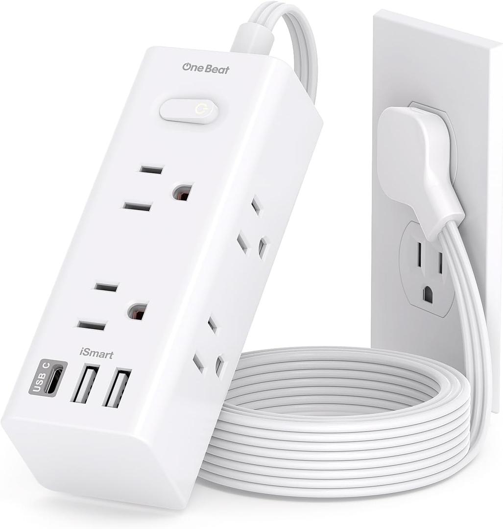 5Ft Extension Cord with Multiple Outlets, Flat Plug Power Strip Surge Protector with 5 Ft Long Cord, 6 Outlet 3 USB Ports (1 USB C), Multi Outlet Wall Plug for Travel, College, Dorm Room Essentials (White)