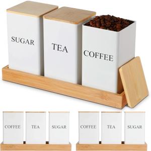 3 Pack Coffee Tea Sugar Container with Tray Airtight Metal Canister with Bamboo Lid Tray for Kitchen Counter Dining Room Farm House Kitchen Style Drink Station Organizer Set(White)