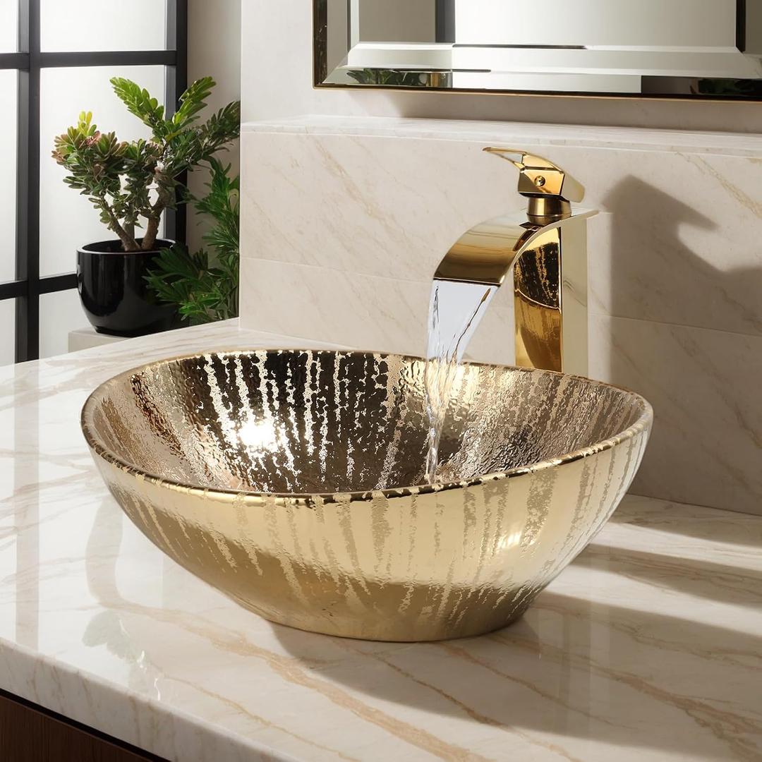 Gold Ceramic Bathroom Vessel Sink with Faucet and Drain Combo Bowl Above Counter Vessel Sink Oval for Modern Luxury Bathroom, 13.2"l X 16"w X 5.5"h
