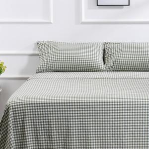 100% Cotton Queen Sheet Set - 4 Piece Cotton Sheets Queen Size Bed Set, Soft, Smooth, Durable, Easy Care, 16" Deep Pocket Checkered Green Sheets - 1 Flat, 1 Fitted, 2 Pillowcases