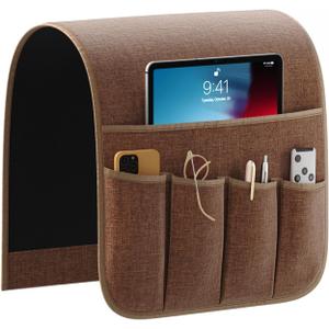 Sofa Armrest Organizer, Non-Slip Remote Control Holders for Recliner Couch, Chair Armchair Caddy with 5 Pockets for Table, Cell Phone, Ipad, Magazines, Books (13x35In, Coffee)