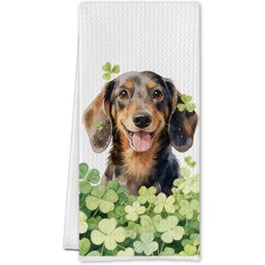 Dachshund St. Patrick's Day Kitchen Towels,Irish Shamrock Dachshund Dish Tea Towels Gifts for Women Men,Shamrock Weiner Dog Decorative Hand Towel for Kitchen Bathroom,16x24 Inch