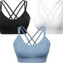 Women's Cross Back Sports Bra Padded Strappy Medium Support Yoga Bra for Workout Fitness 3 Pack (Blue, White, Black) Medium