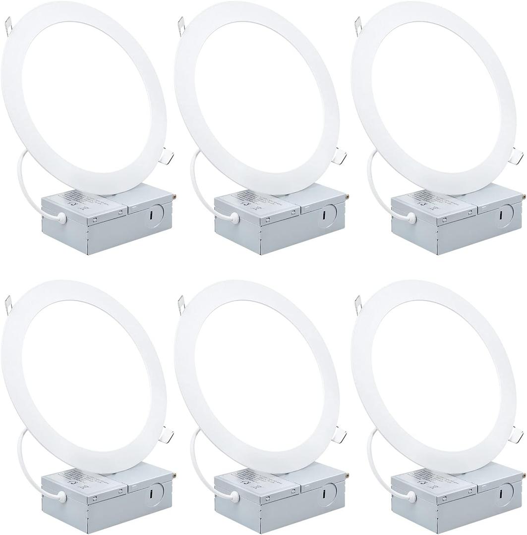7" Ultra-Thin LED Recessed Ceiling Light with Junction Box, 6000K Cool White 18W LED Panel Can Light 1500LM High Brightness Easy Installation (6 Pack)