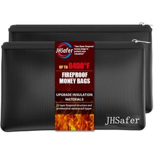 6400 Fireproof and Waterproof Money Bags 2pcs with Zipper,11''x6.3'' Fireproof Cash Bag with Zipper,Fireproof Wallet Envelope Safe Pouch Fireproof Bags for Cash Passports Keys Jewellery(Black)