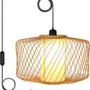 Plug-in Pendant Light Rattan Hanging Lamp, Boho Hanging Lights with Woven Lampshade, 3-Way Dimmable & Timmer Setting Ceiling Light Fixture for Living Room, Bedroom, Farmhouse (Bamboo Oval)