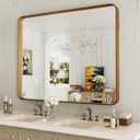 LOAAO 40X32 Inch Bathroom Mirror with Wood Grain Colored Metal Frame, Rounded Rectangle Metal Framed Bathroom Mirror, Anti-Rust, Hangs Horizontally or Vertically, Tempered Glass