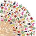 120Pcs Summer Cocktail Picks Decorative Toothpicks Hawaiian Bamboo Cocktail Skewer Flamingo Pineapple Palm Leaf Fancy Cocktail Toothpicks for Appetizers Food Drinks Luau Hawaii Holiday Party Supplies