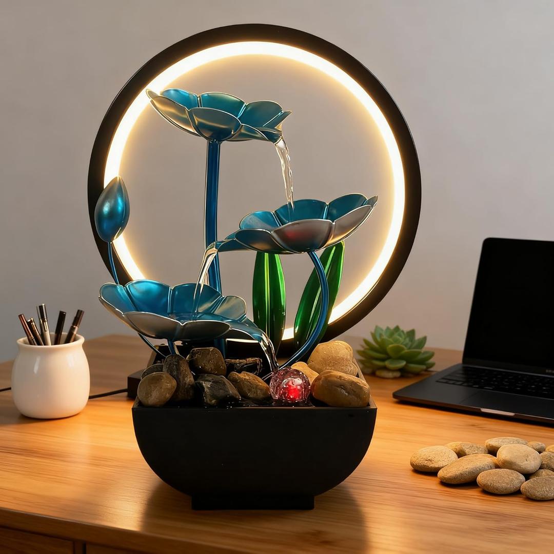 AOZITA Tabletop Fountain, Indoor Waterfall Fountain, Small Home Dcor Zen Relaxation Soothing Sound Machine for Office, Living Room, or Bedroom,Blue Metal Lotus with Bud, River Rocks,Round LED