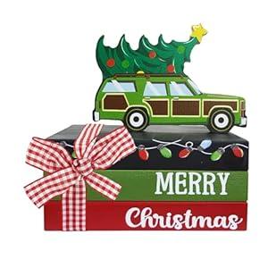 Uruney Merry Christmas Vacation Mini Wood Book Stacks, Xmas Classic Movie Car Tree Tiered Tray Decor, Funny Winter Holiday Decorative Wooden Sign, Farmhouse Rustic Shelf Table Home Decoration with Bow