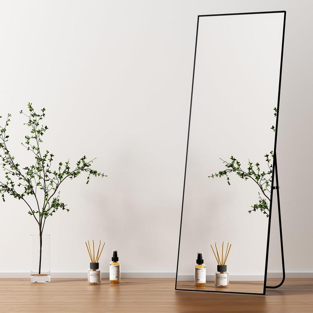 Full Length Mirror with Stand,Full Body Mirror for Living Room and Dressing Room,57"x20" Aluminum Alloy Frame,Hanging or Leaning for Wall,Rectangular, Black