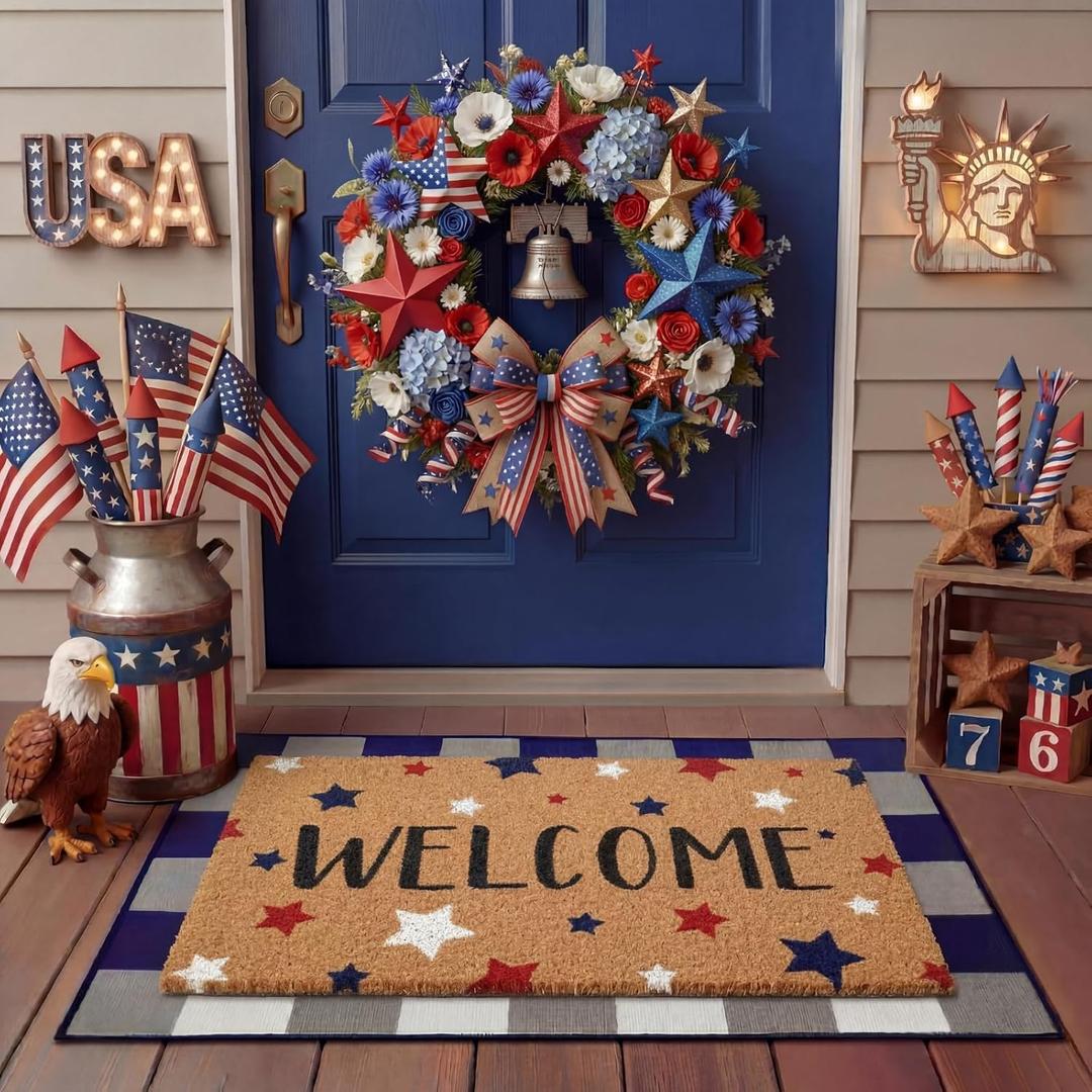 Tinideya 2 Pcs 4th of July Door Mat Patriotic Welcome Non Slip Coir Mats Red Blue White Independence Day Star Buffalo Floor Layering Doormats Seasonal for Front Porch Entryway Decor(Independence Day)