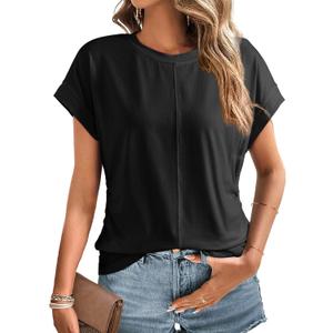 Dokotoo Spring Tops for Women 2025 Cap Sleeve Side Ruched Summer Tops for Women Trendy Women Clothing (Black, S)