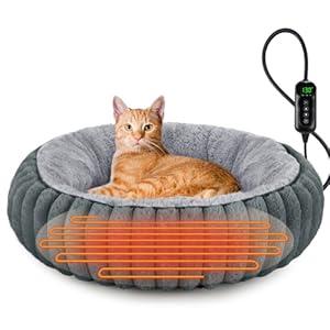 INVENHO Heated Cat Beds for Indoor Cats and Small Dogs, 20" Cozy Heated Pet Bed with Timer & Temp Adjustable, Removable Waterproof Electric Warming Bed for Indoor Cat